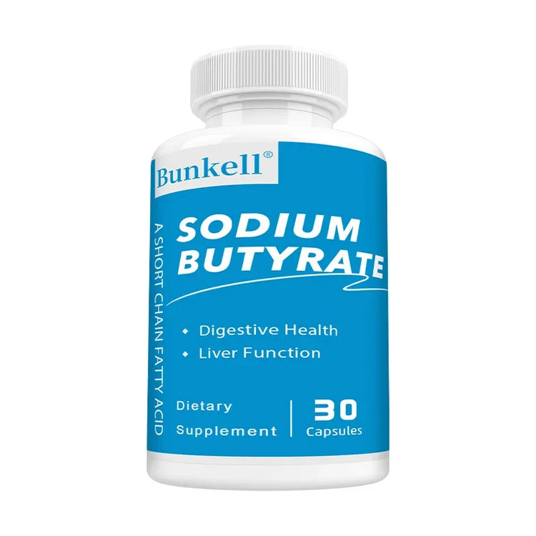 Sodium Butyrate Gut Health Supplement by Bunkell, promoting digestive health and liver function, 120 capsules.