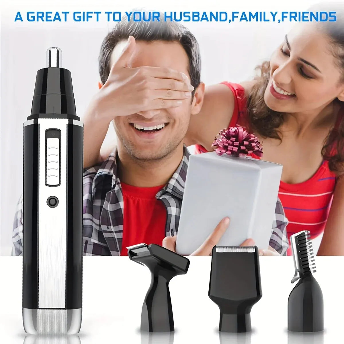 Men's 4-in-1 Electric Grooming Kit, Rechargeable, for trimming hair, beard, nose hair, and ear hair. Precise cleaning with gentl