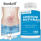 Sodium Butyrate Gut Health Supplement by Bunkell, promoting digestive health and liver function, 120 capsules.