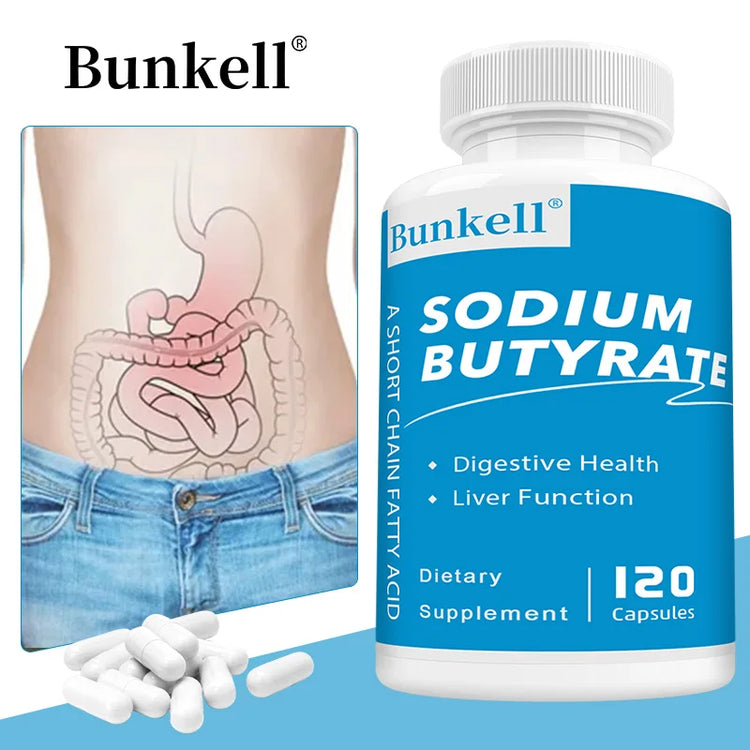 Sodium Butyrate Gut Health Supplement by Bunkell, promoting digestive health and liver function, 120 capsules.