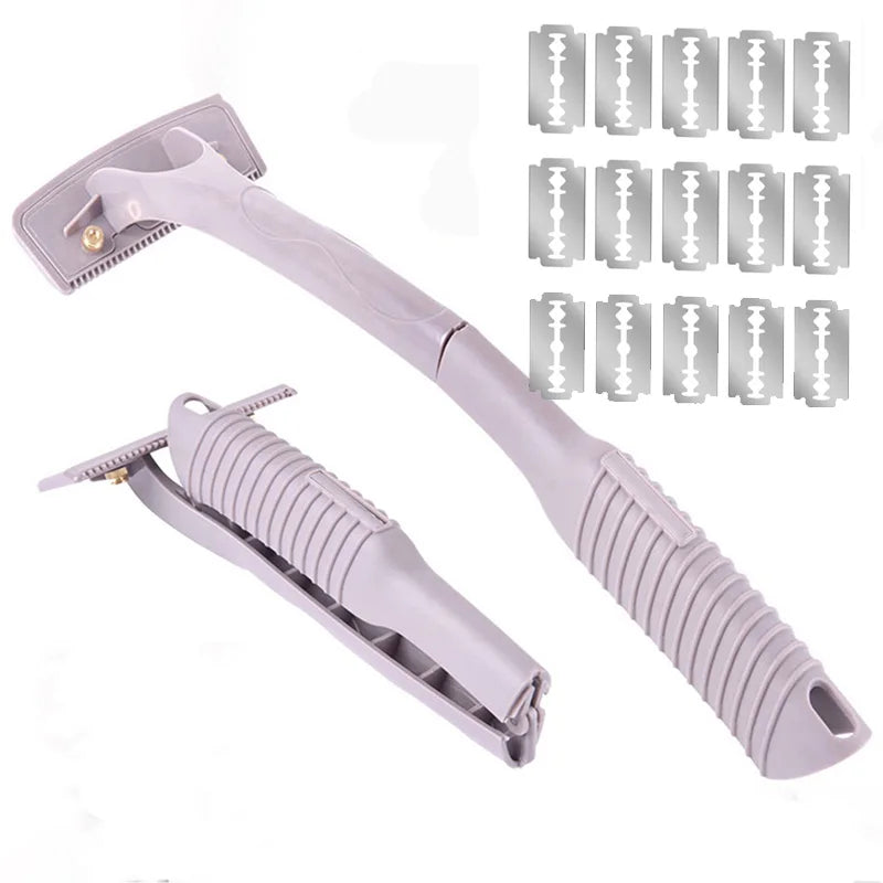 Men's Back Shaver Hair Remover Long Handle Body Hair Trimmer Razor with 15 Blades Manual Foldable Design for Efficient Grooming