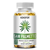 Saw Palmetto Capsules bottle with benefits: supports prostate health, reduces hair loss and promotes restful sleep.