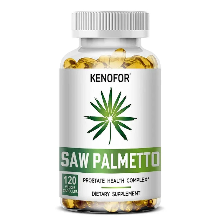 Saw Palmetto Capsules bottle with benefits: supports prostate health, reduces hair loss and promotes restful sleep.