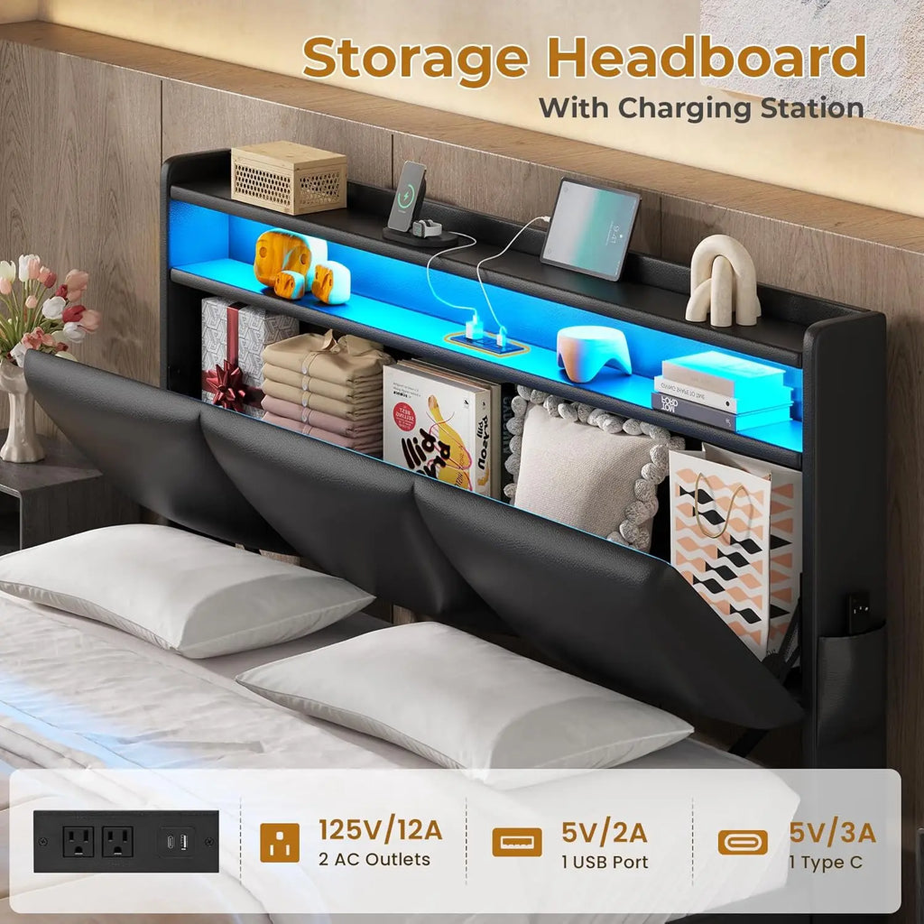 Full Size Bed Frame with Storage Headboard & 4 Drawers, LED Bed Frame Full Size with Charging Station, Leather, Customized