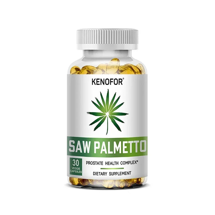 Saw Palmetto Capsules bottle with benefits: supports prostate health, reduces hair loss and promotes restful sleep.