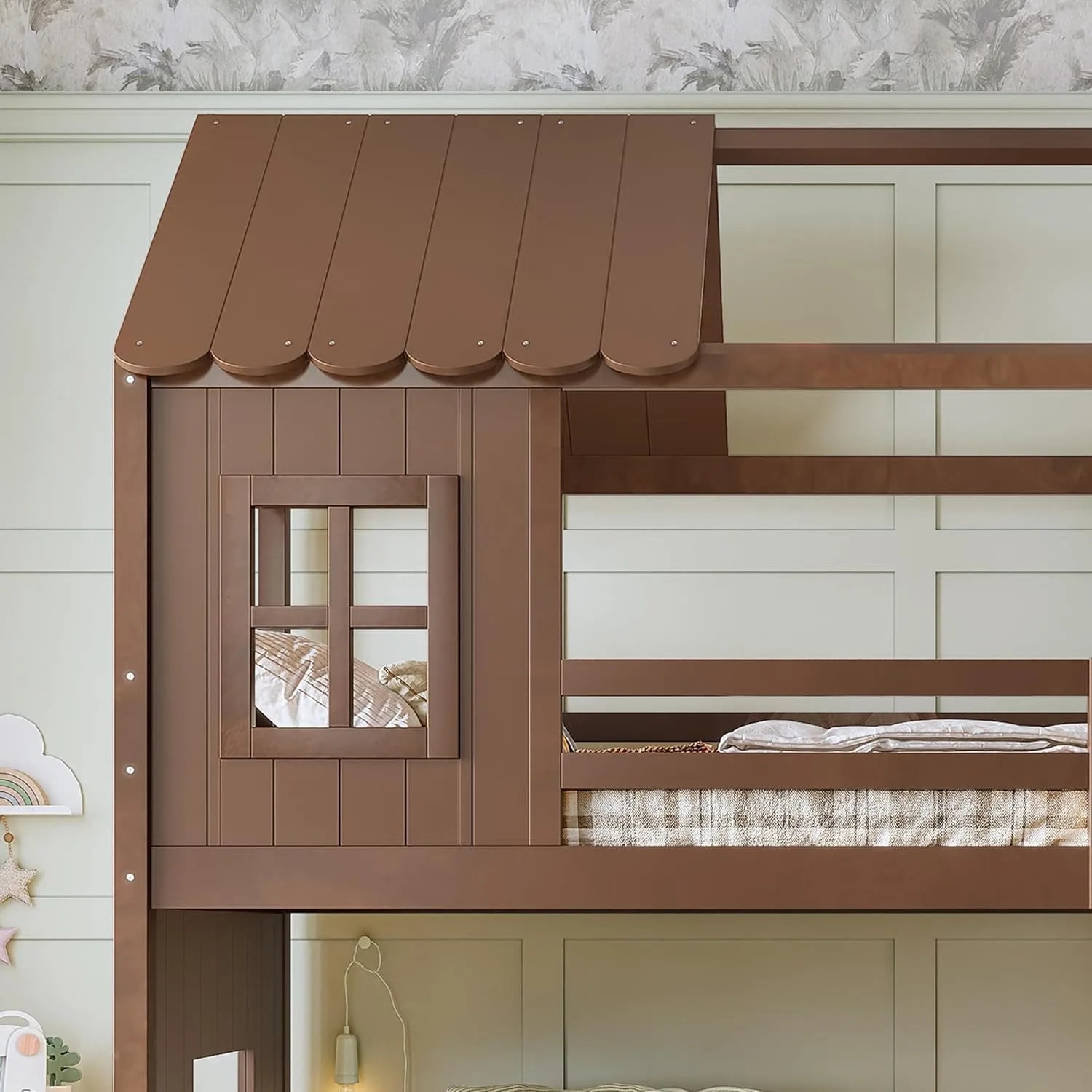 Twin Over Full House Bunk Bed with Ladder Slide Storage Shelves Wardrobe Playhouse Wood Frame Kids Bedroom Custom