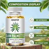 Saw Palmetto Capsules bottle with benefits: supports prostate health, reduces hair loss and promotes restful sleep.