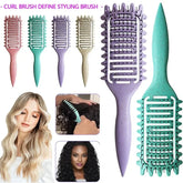 Curl Define Styling Brush Hollow collection featuring various colors and a model with beautiful curly hair.