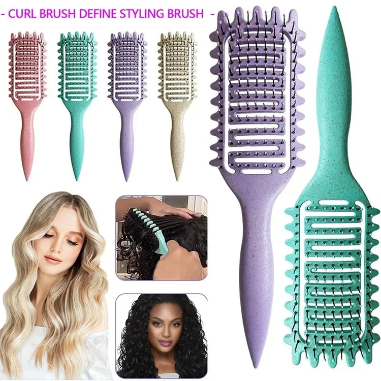 Curl Define Styling Brush Hollow collection featuring various colors and a model with beautiful curly hair.