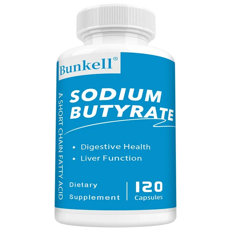 Sodium Butyrate Gut Health Supplement by Bunkell, promoting digestive health and liver function, 120 capsules.