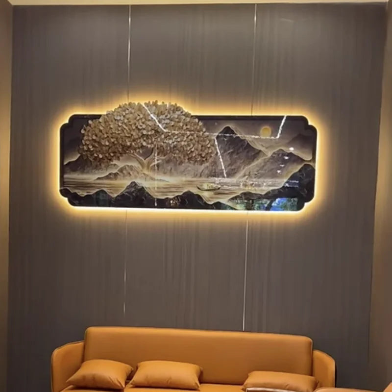 2025 Living Room Decoration Painting LED Lights Wealth Tree Sofa Background Wall Mural High-End Tea Room Office Hanging Painting