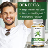 Saw Palmetto Capsules bottle with benefits: supports prostate health, reduces hair loss and promotes restful sleep.