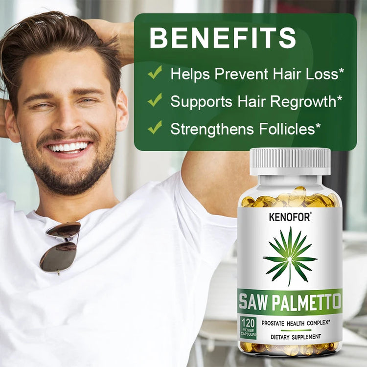 Saw Palmetto Capsules bottle with benefits: supports prostate health, reduces hair loss and promotes restful sleep.