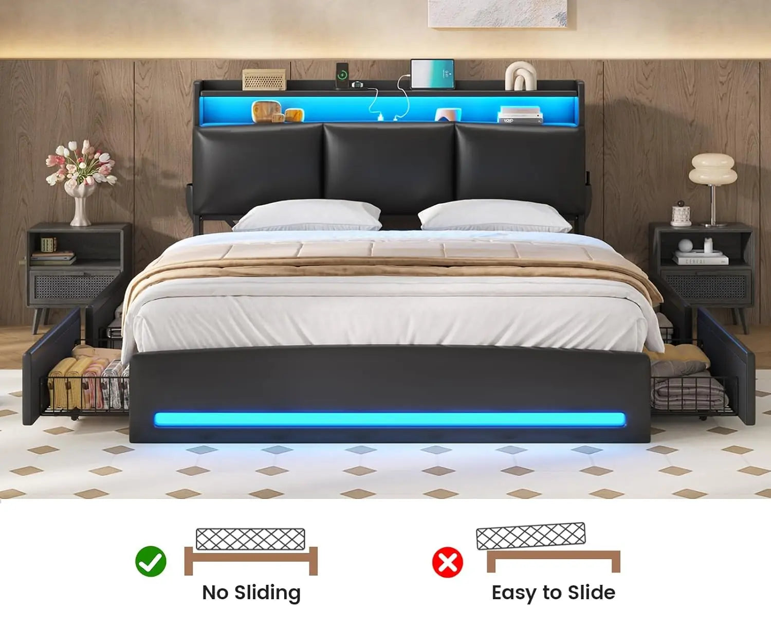 Full Size Bed Frame with Storage Headboard & 4 Drawers, LED Bed Frame Full Size with Charging Station, Leather, Customized