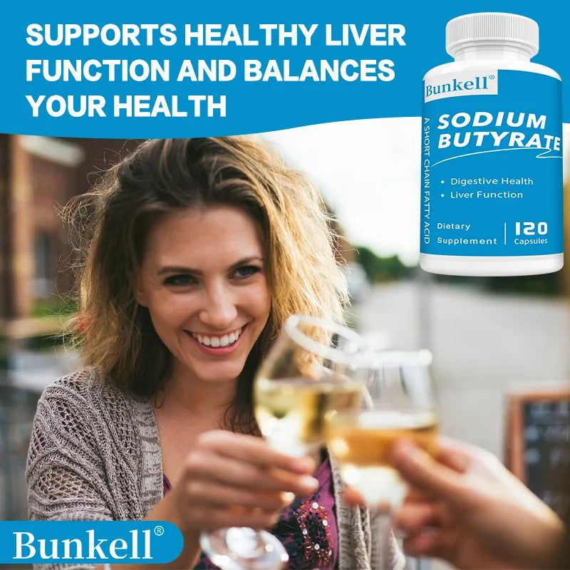 Sodium Butyrate Gut Health Supplement by Bunkell, promoting digestive health and liver function, 120 capsules.