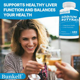 Sodium Butyrate Gut Health Supplement by Bunkell, promoting digestive health and liver function, 120 capsules.