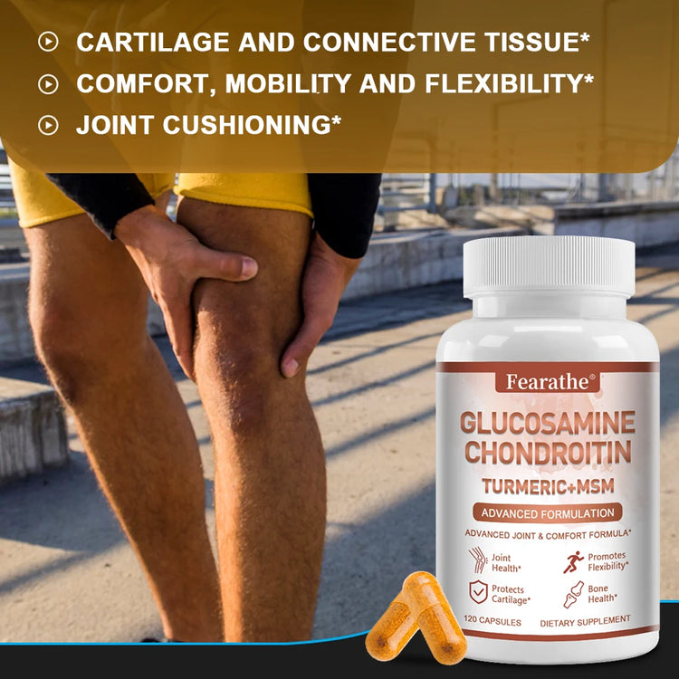 Glucosamine Chondroitin Turmeric MSM Supplement bottle with joint health benefits highlighted.