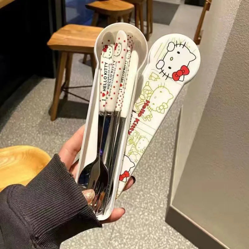 Anime Hello Kitty Kitchen Tableware KT Cat Stainless Steel Chopsticks Spoon Fork Student Office Portable Dinnerware Set Gifts