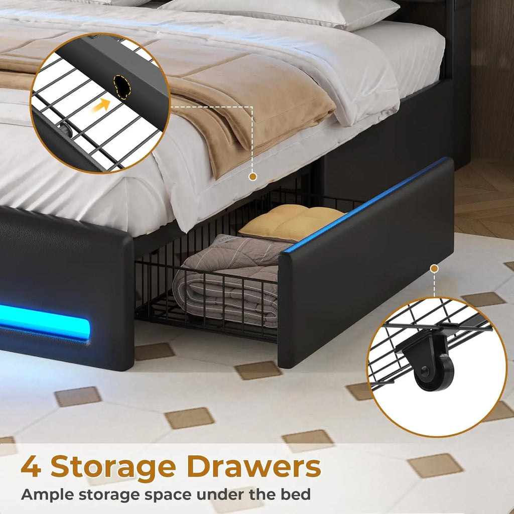 Full Size Bed Frame with Storage Headboard & 4 Drawers, LED Bed Frame Full Size with Charging Station, Leather, Customized