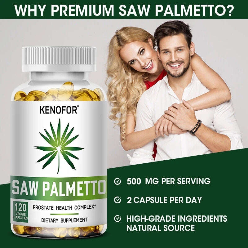 Saw Palmetto Capsules bottle with benefits: supports prostate health, reduces hair loss and promotes restful sleep.