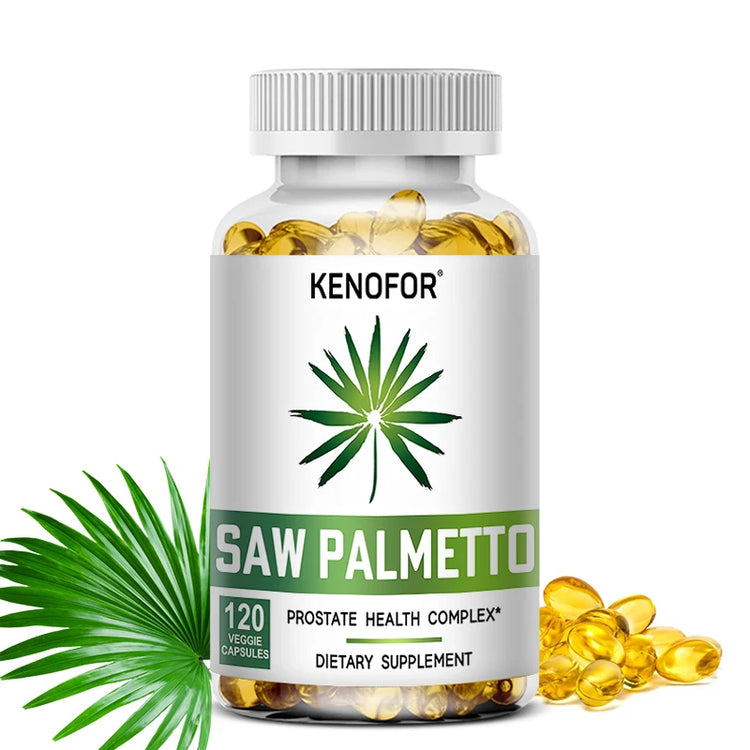 Saw Palmetto Capsules bottle with benefits: supports prostate health, reduces hair loss and promotes restful sleep.