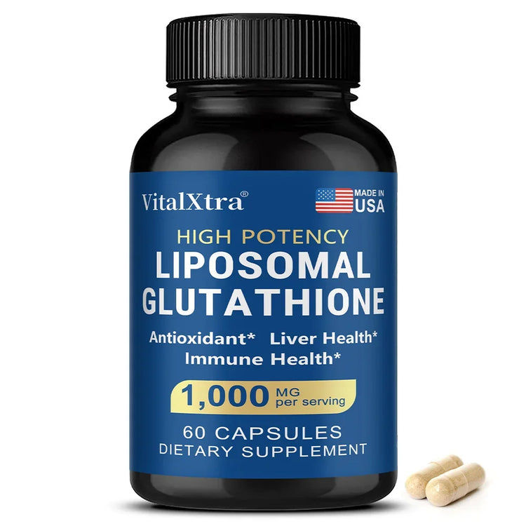 Liposome Glutathione supplement by VitalXtra in a black bottle with a model showcasing skin health and beauty.