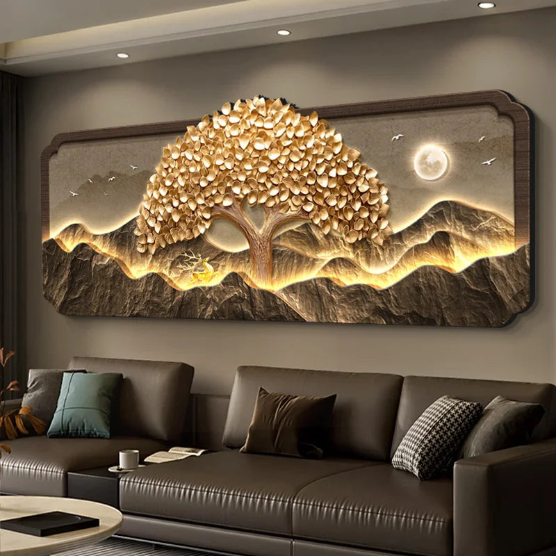 2025 Living Room Decoration Painting LED Lights Wealth Tree Sofa Background Wall Mural High-End Tea Room Office Hanging Painting