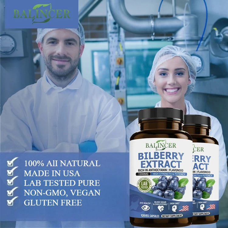 Bilberry Extract Supplement by Balincer in bottles, promotes eye health, healthy blood levels, and skin care.