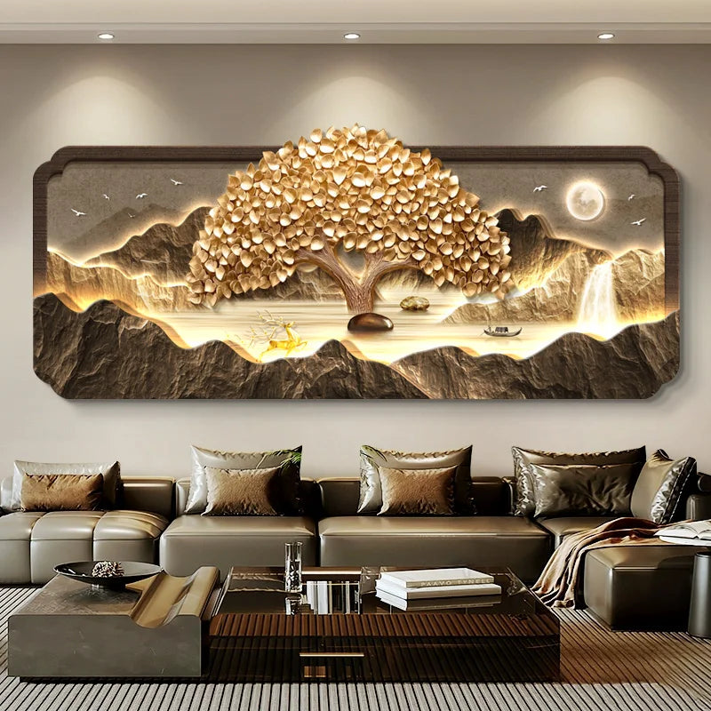 2025 Living Room Decoration Painting LED Lights Wealth Tree Sofa Background Wall Mural High-End Tea Room Office Hanging Painting