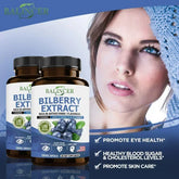Bilberry Extract Supplement by Balincer in bottles, promotes eye health, healthy blood levels, and skin care.