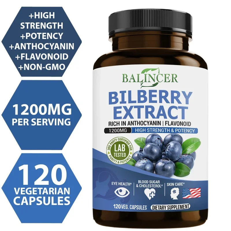 Bilberry Extract Supplement by Balincer in bottles, promotes eye health, healthy blood levels, and skin care.