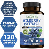 Bilberry Extract Supplement by Balincer in bottles, promotes eye health, healthy blood levels, and skin care.