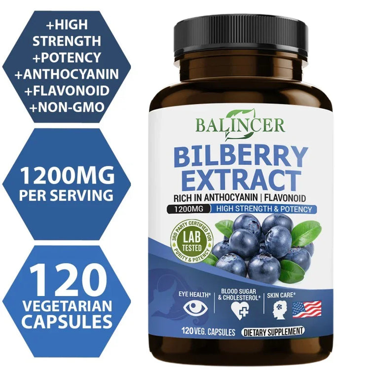 Bilberry Extract Supplement by Balincer in bottles, promotes eye health, healthy blood levels, and skin care.