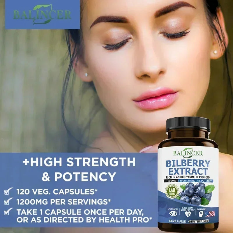Bilberry Extract Supplement by Balincer in bottles, promotes eye health, healthy blood levels, and skin care.