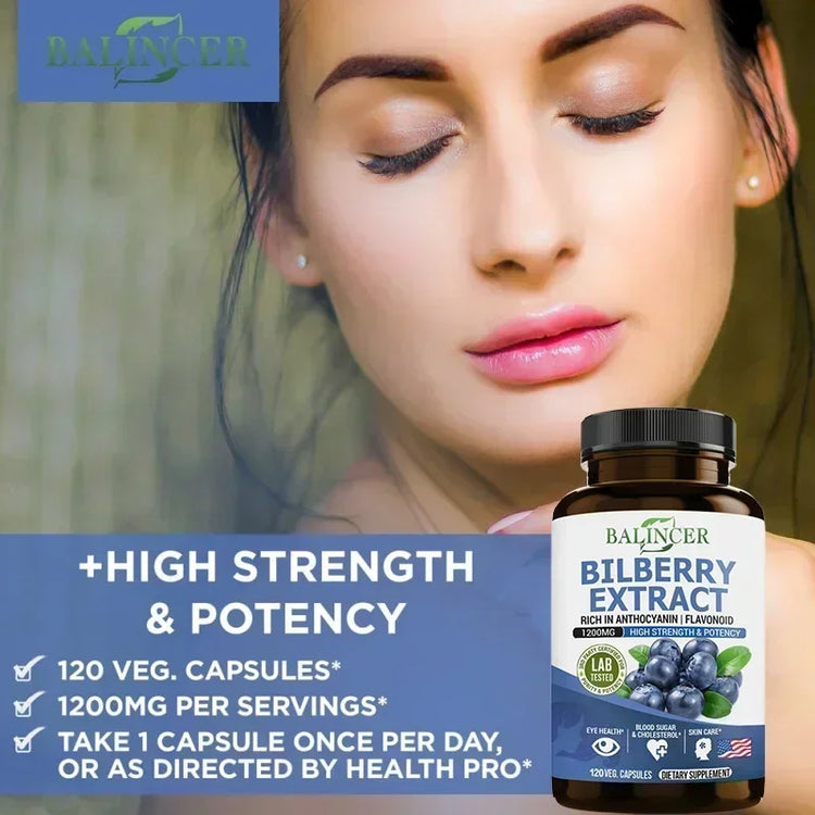 Bilberry Extract Supplement by Balincer in bottles, promotes eye health, healthy blood levels, and skin care.