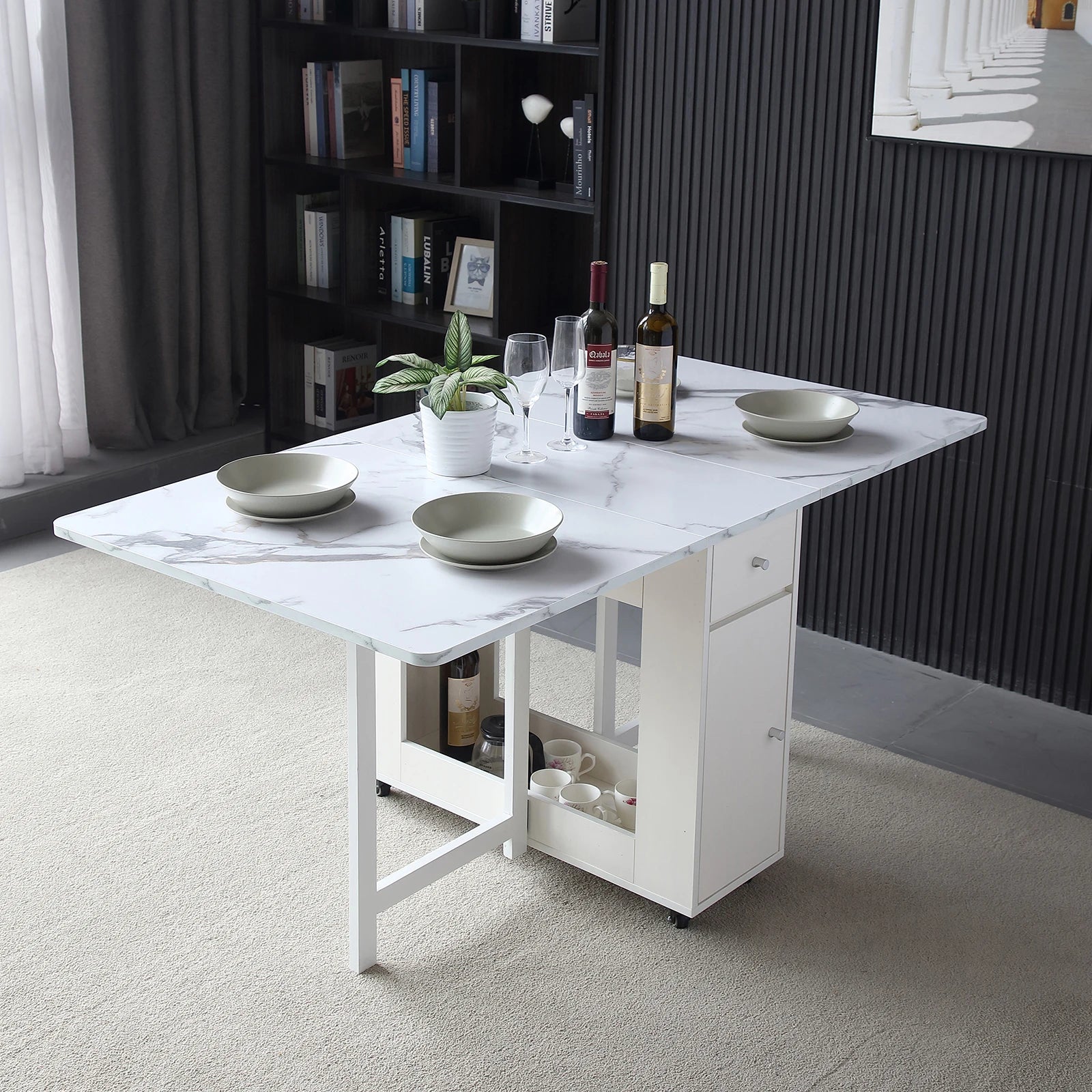 Multifunctional Dining Table Expandable Dining Table Storage Space Saving Rectangular Dining Table