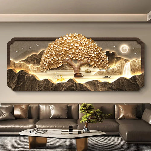 2025 Living Room Decoration Painting LED Lights Wealth Tree Sofa Background Wall Mural High-End Tea Room Office Hanging Painting