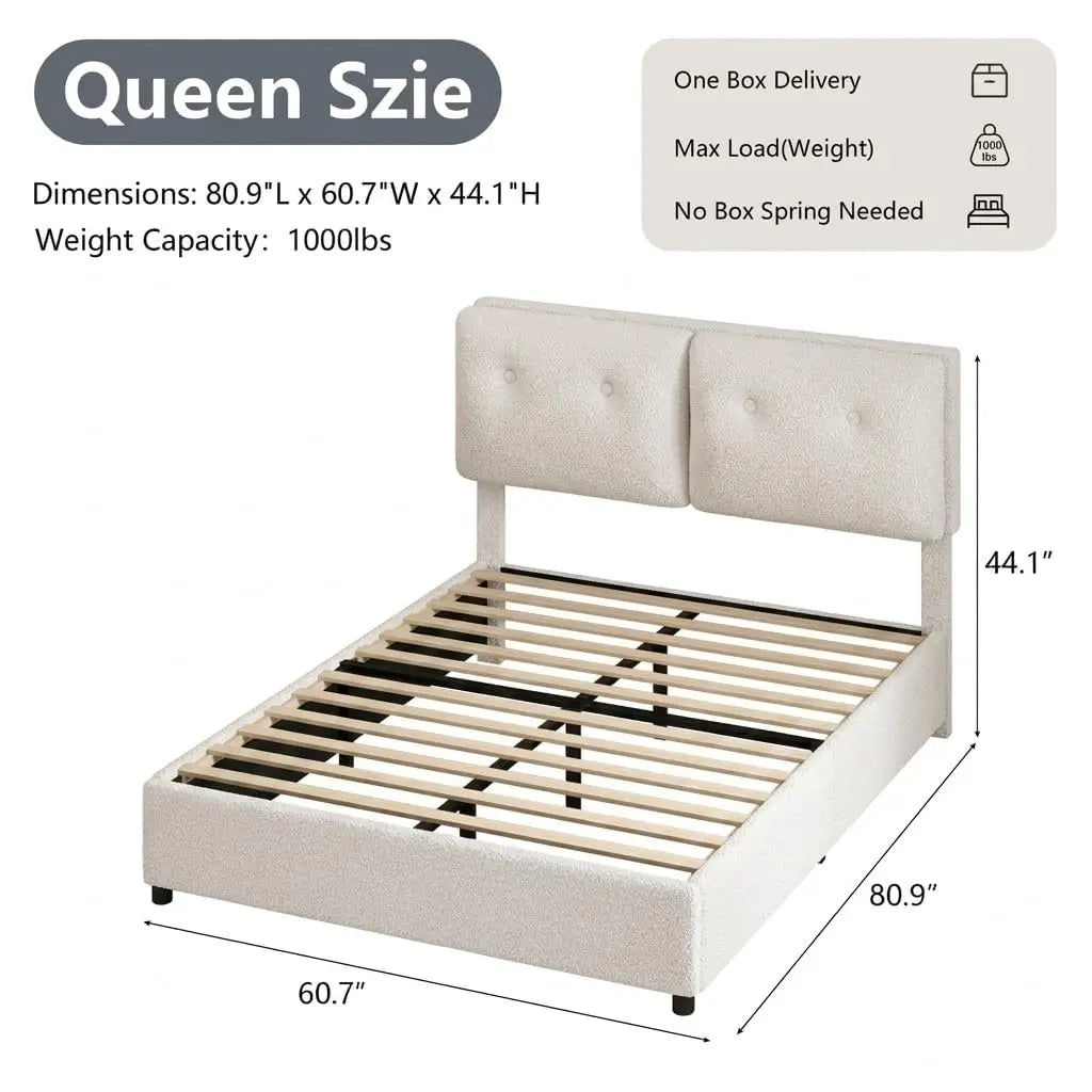 Bed Frame Queen Size, Boucle Upholstered Bed Frame with Headboard, Removable and Washable, No Box Spring Needed, Wood, Custom