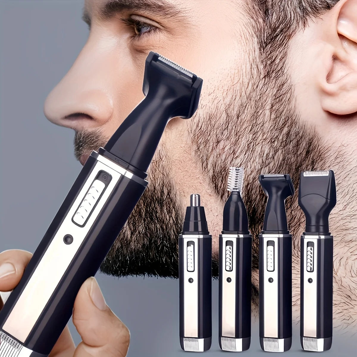 Men's 4-in-1 Electric Grooming Kit, Rechargeable, for trimming hair, beard, nose hair, and ear hair. Precise cleaning with gentl