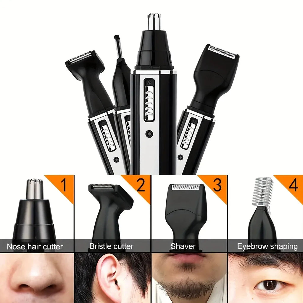 Men's 4-in-1 Electric Grooming Kit, Rechargeable, for trimming hair, beard, nose hair, and ear hair. Precise cleaning with gentl