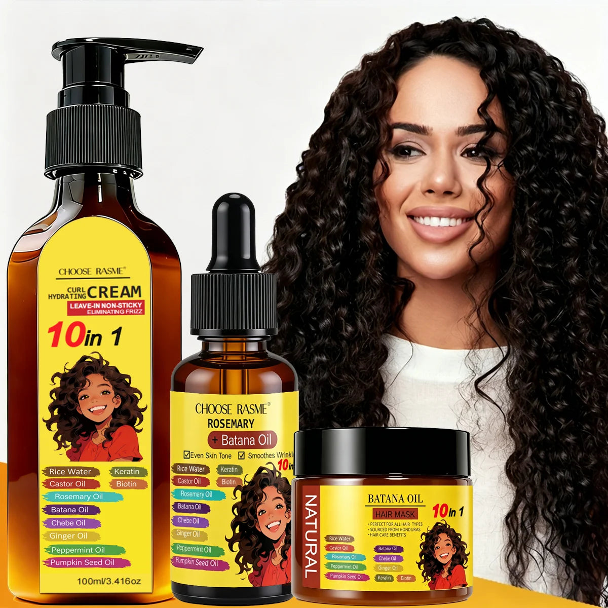 Curly Hair Care Kit, 10-in-1 Curl Cream, Batana Oil Serum & Hair Mask, Nourishing & Defining for Natural Curls