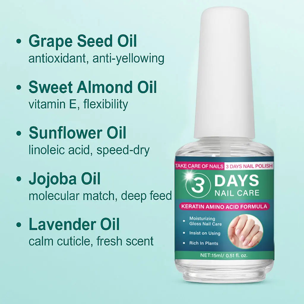 3 Days Nail Care Oil Keratin Amino Acid Formula Fast Dry 90s Salon Shine No Chip Deep Moisture Nail Strengthener,15ml
