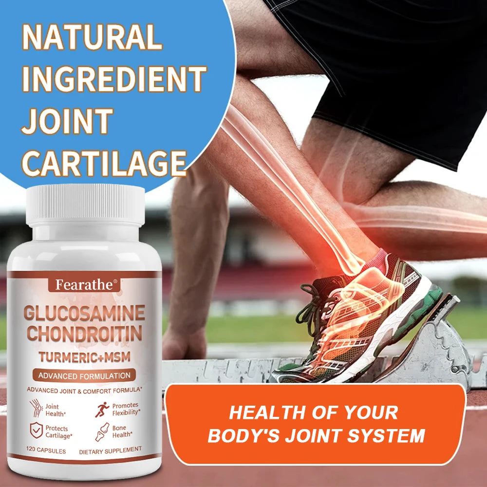 Glucosamine Chondroitin Turmeric MSM Supplement bottle with joint health benefits highlighted.