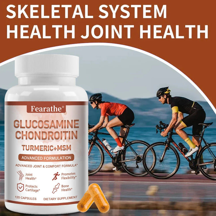 Glucosamine Chondroitin Turmeric MSM Supplement bottle with joint health benefits highlighted.