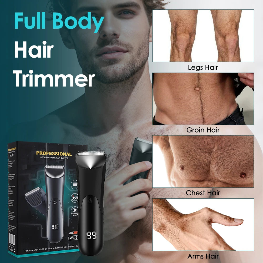 Men's Electric Groin Body Hair Trimmer with LED Light Includes 2 Guard Attachments Ceramic Blade Head Wet And Dry Shaver