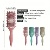 Curl Define Styling Brush Hollow collection featuring various colors and a model with beautiful curly hair.