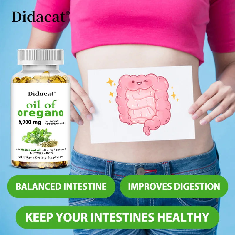 Oregano oil softgels for intestinal health, antioxidant benefits, Didacat brand, 120 softgels dietary supplement