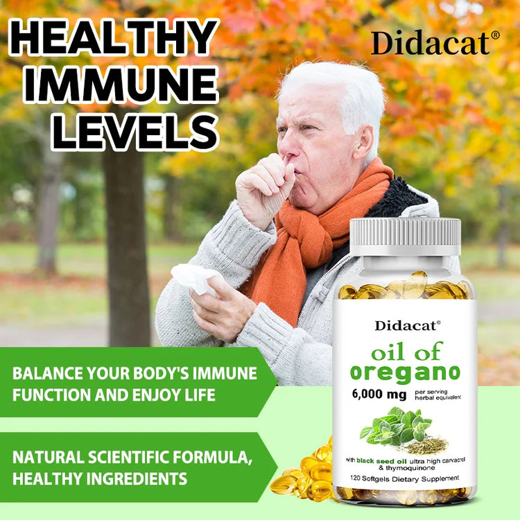 Oregano oil softgels for intestinal health, antioxidant benefits, Didacat brand, 120 softgels dietary supplement