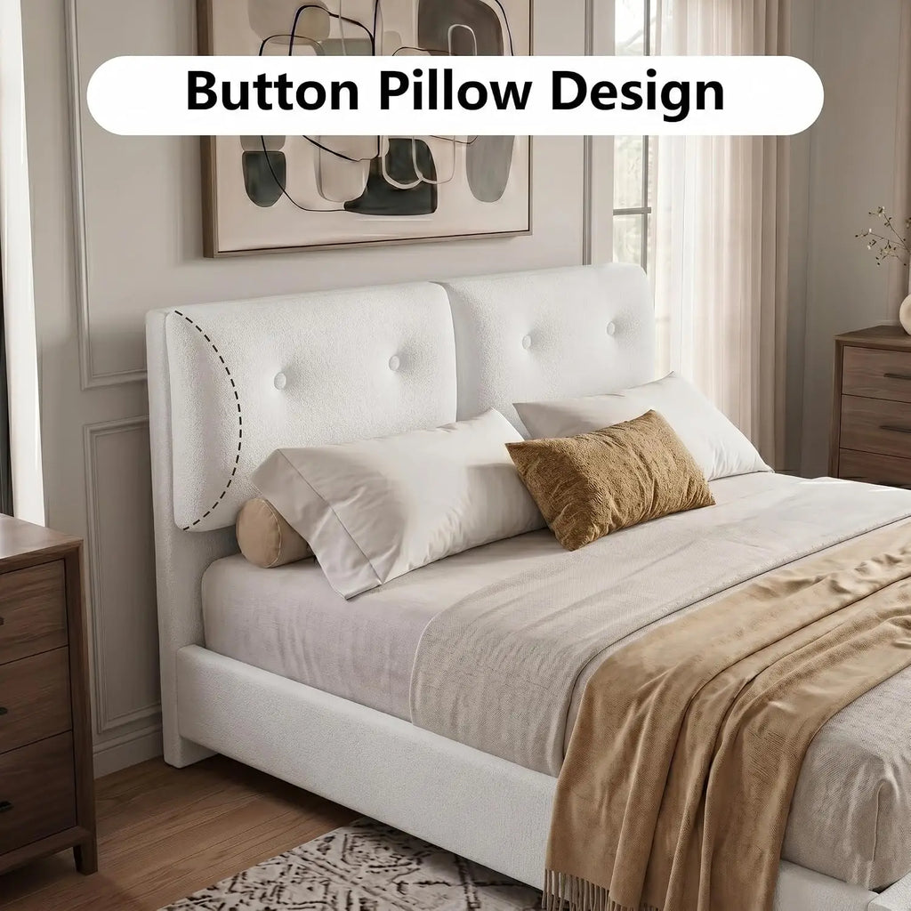 Bed Frame Queen Size, Boucle Upholstered Bed Frame with Headboard, Removable and Washable, No Box Spring Needed, Wood, Custom