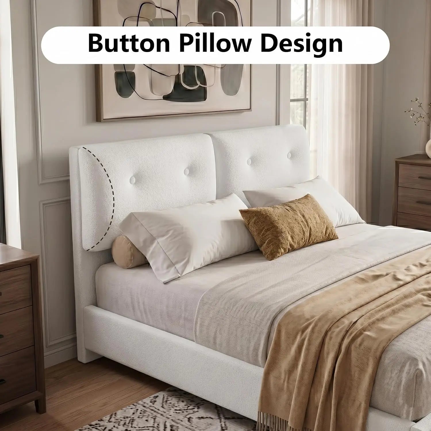 Bed Frame Queen Size, Boucle Upholstered Bed Frame with Headboard, Removable and Washable, No Box Spring Needed, Wood, Custom